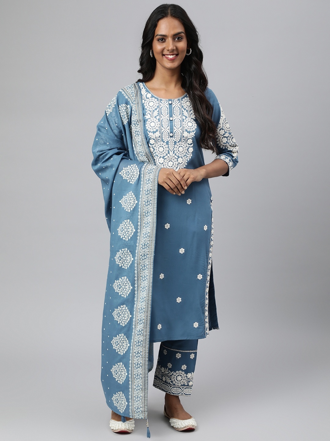 

Readiprint Fashions Women Blue Floral Yoke Design Thread Work Kurta with Trousers & With Dupatta