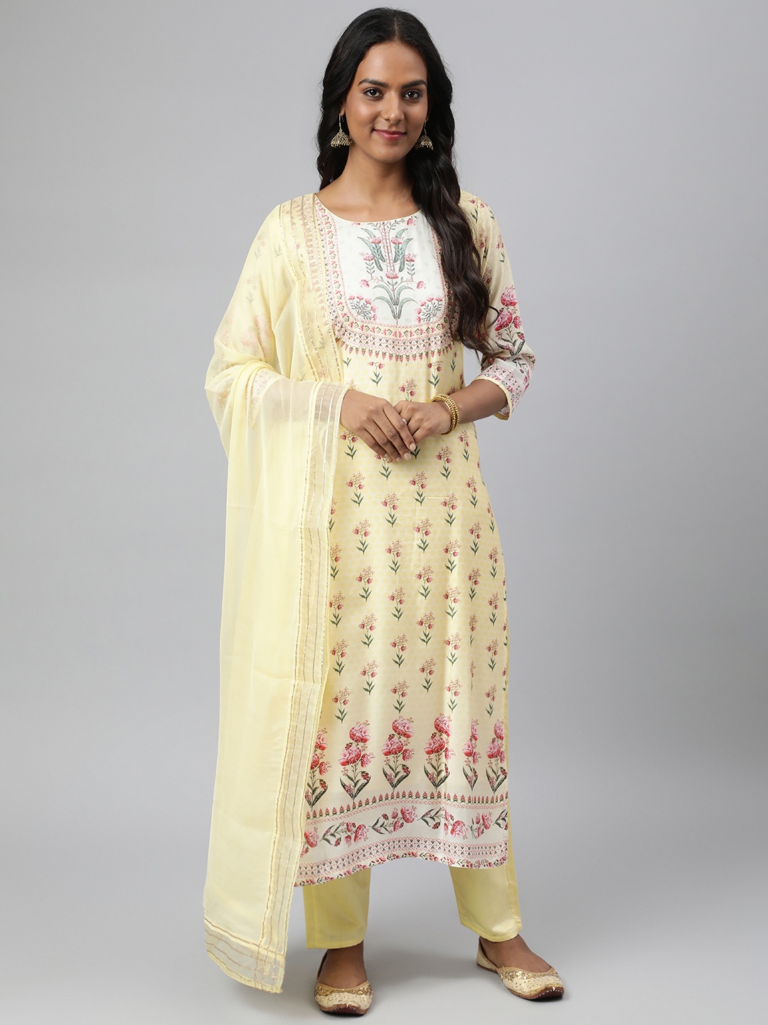 

Readiprint Women Yellow Floral Printed Thread Work Kurta with Trousers & With Dupatta