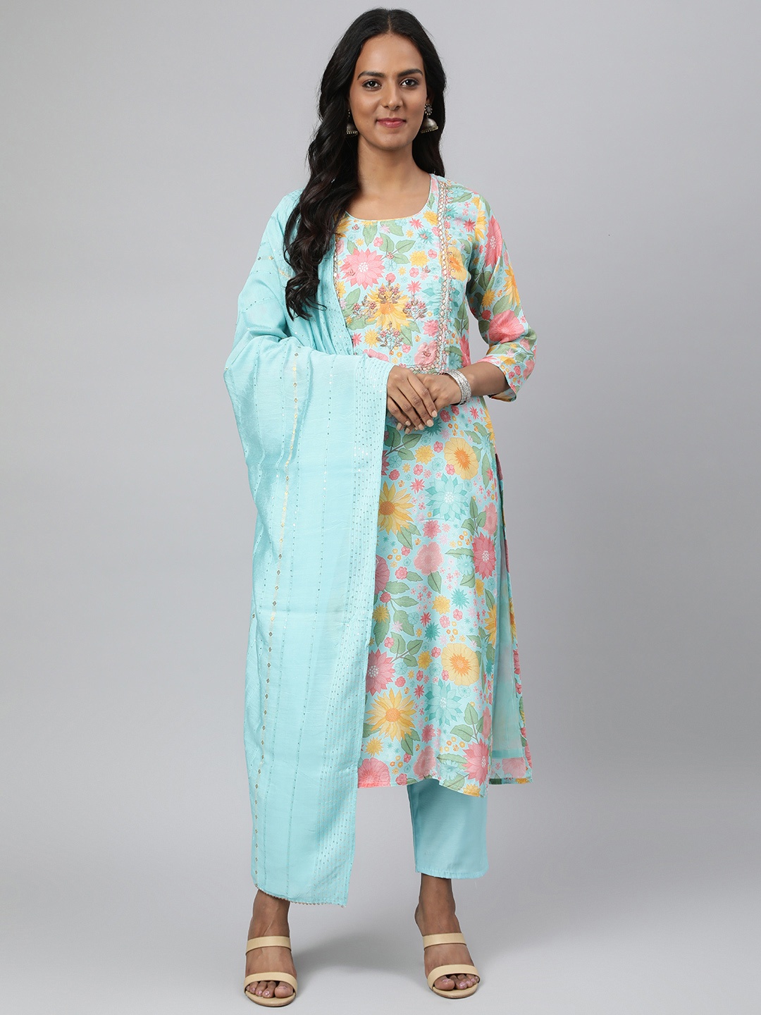 

Readiprint Fashions Women Blue Floral Printed Thread Work Kurta with Trousers & With Dupatta