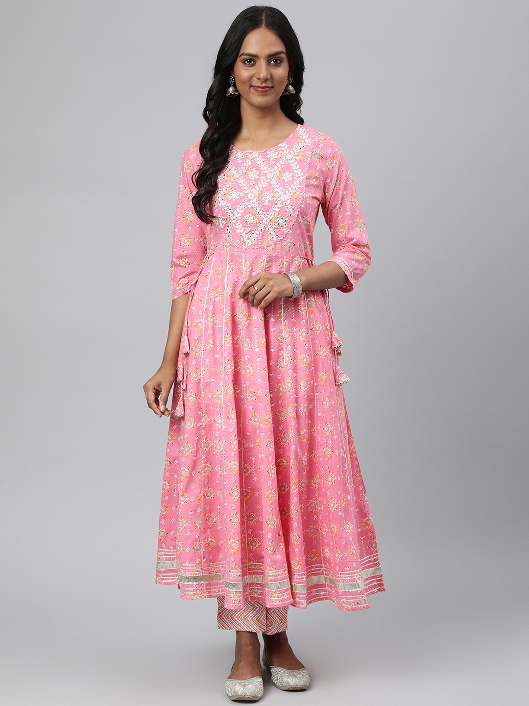 

Readiprint Fashions Women Pink Floral Printed Empire Mirror Work Pure Cotton Kurta with Trousers