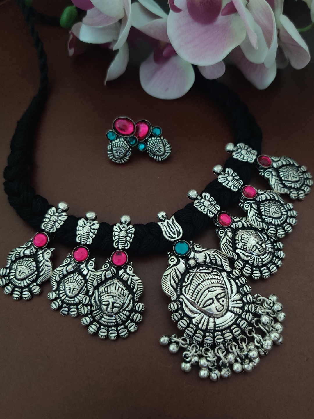 

Binnis Wardrobe Oxidised Silver-Plated Blue & Pink Stone-Studded Jewellery Set