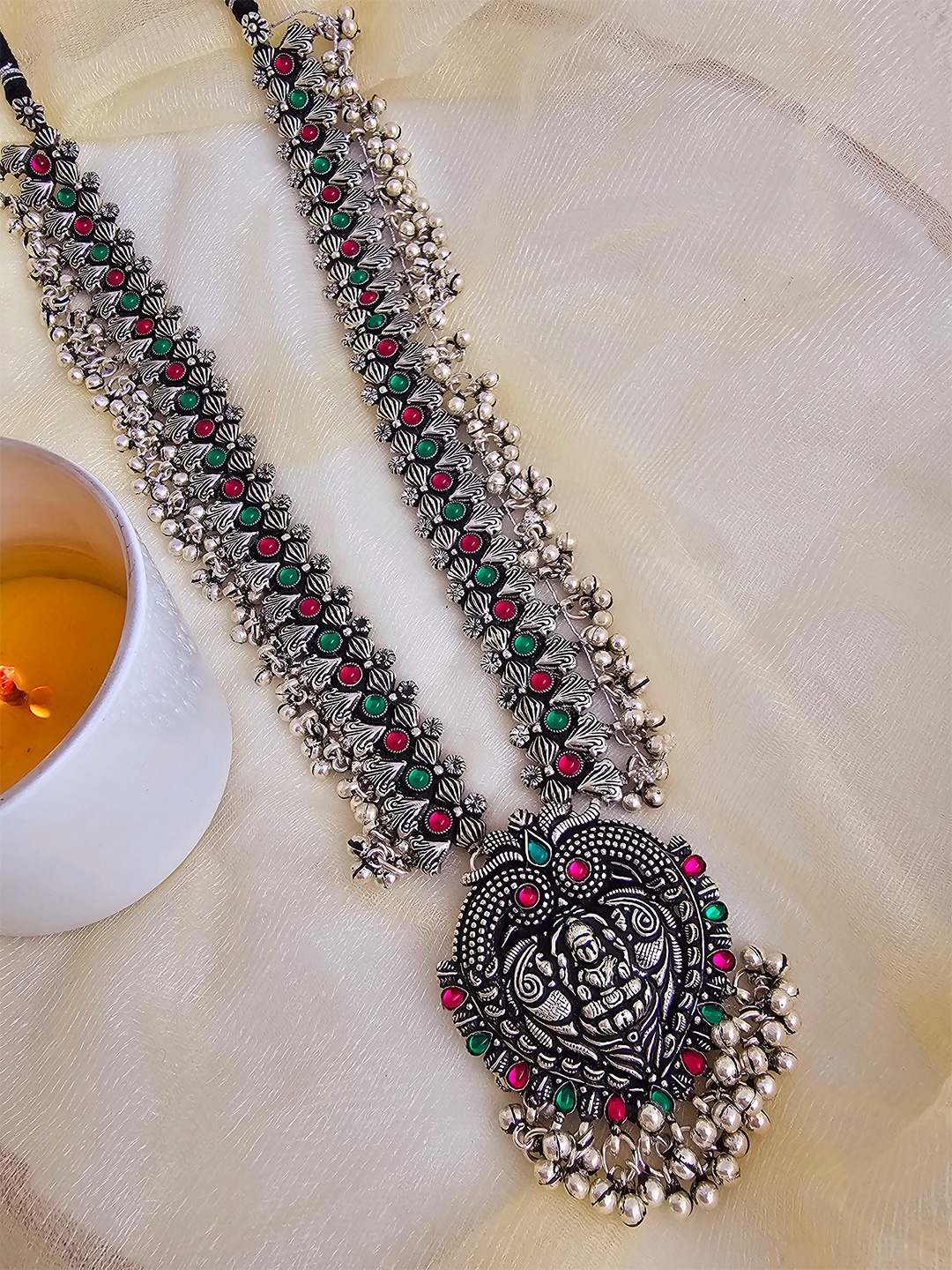 

Binnis Wardrobe Oxidised Silver-Plated Green & Pink Stone-Studded & Beaded Jewellery Set