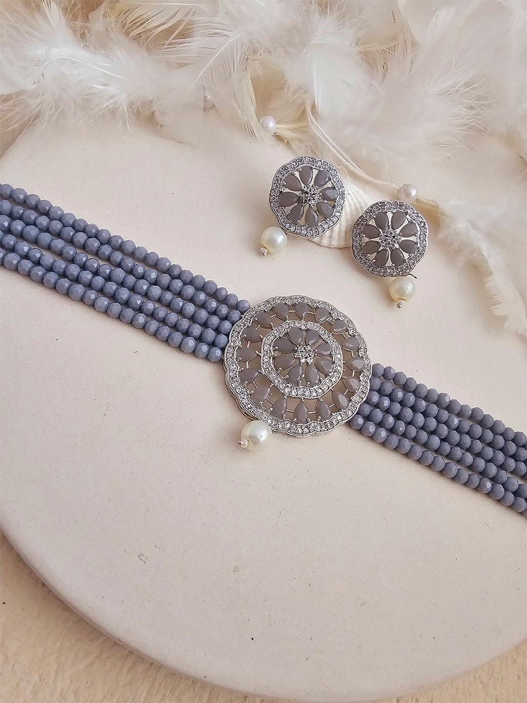

Binnis Wardrobe Silver-Plated Grey & White Stone-Studded Jewellery Set