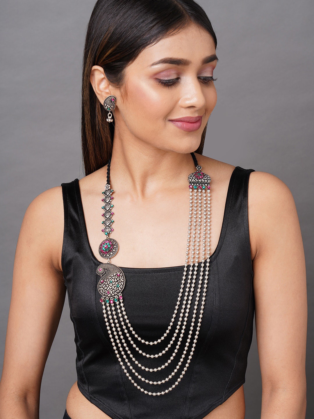 

Binnis Wardrobe Oxidised Silver-Plated Green & Pink Stone Studded & Beaded Jewellery Set