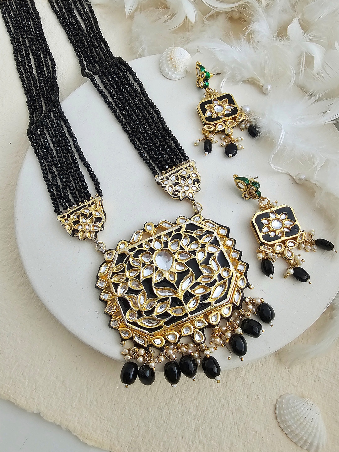 

Binnis Wardrobe Gold-Plated Black Stone-Studded & Beaded Long Jewellery Set