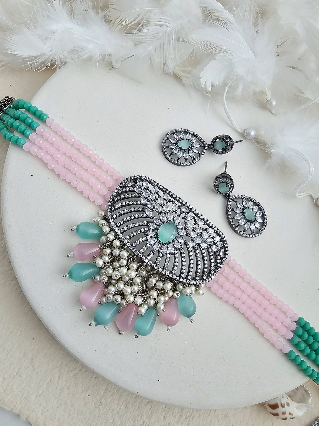 

Binnis Wardrobe Silver-Plated White & Pink Stone-Studded & Beaded Jewellery Set
