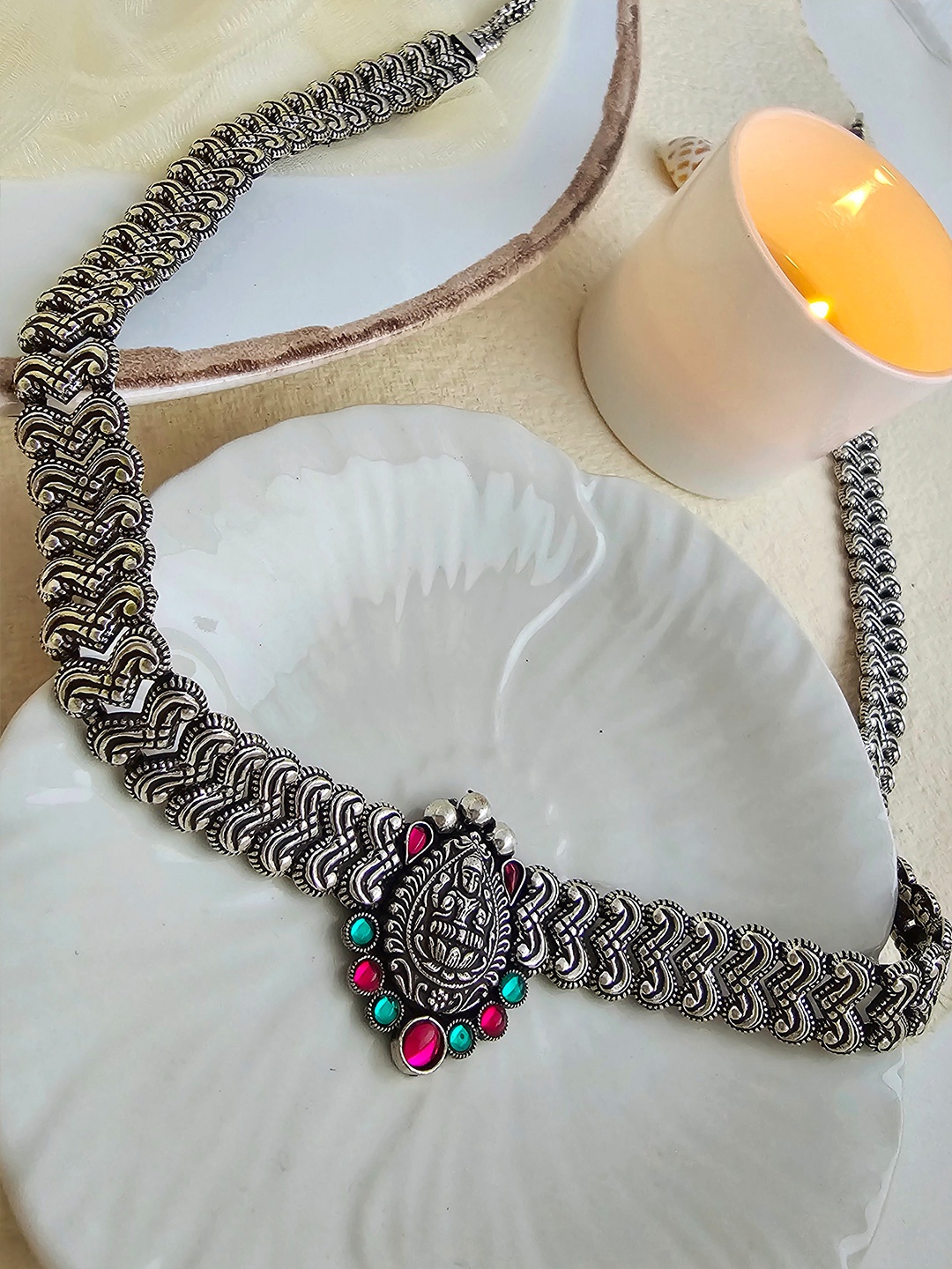 

Binnis Wardrobe Silver-Toned Green & Pink Stone Studded Waist Chain