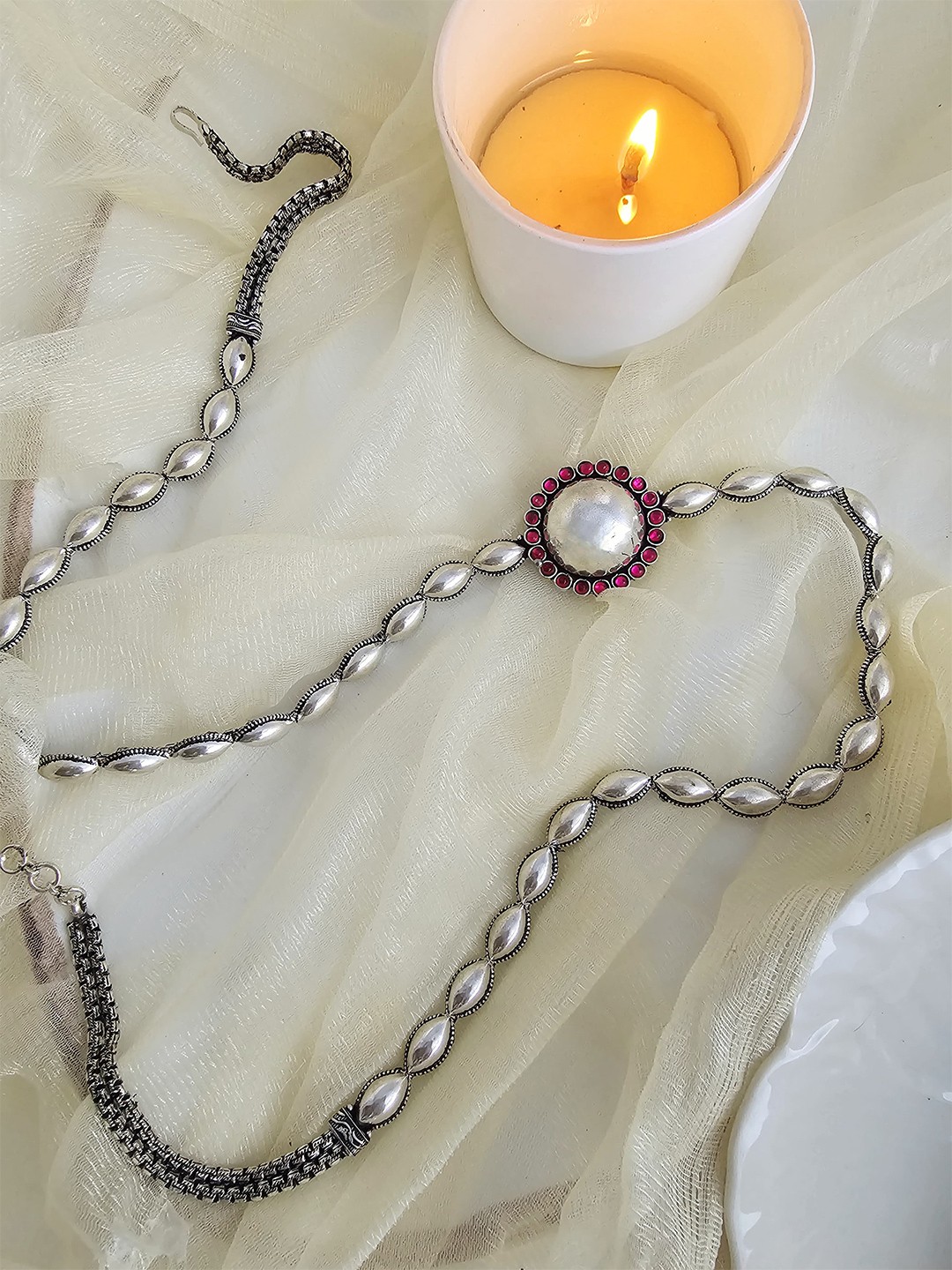 

Binnis Wardrobe Silver-Plated Pink Stone-Studded Waist Chain