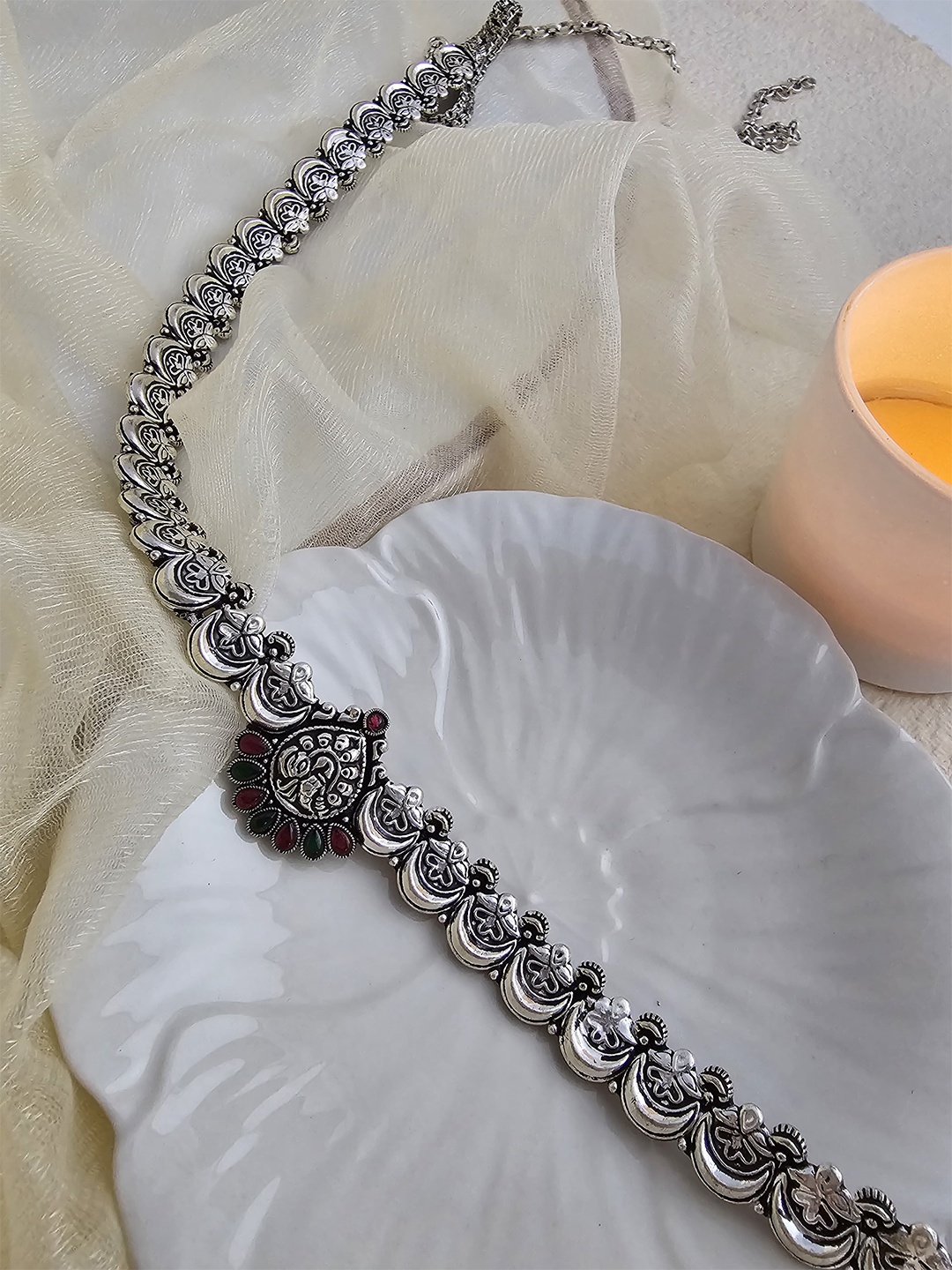 

Binnis Wardrobe Oxidised Silver-Plated Pink & Blue Stone-Studded Waist Chain