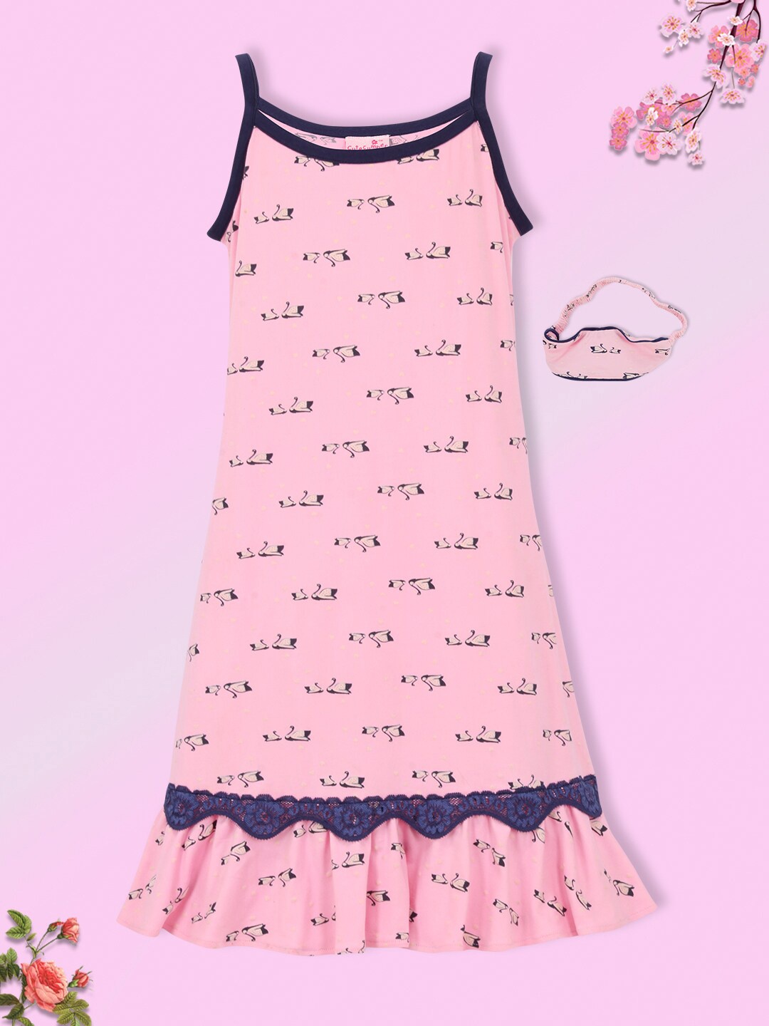 

CUTECUMBER Girls Pink Printed Nightdress With Eye Mask