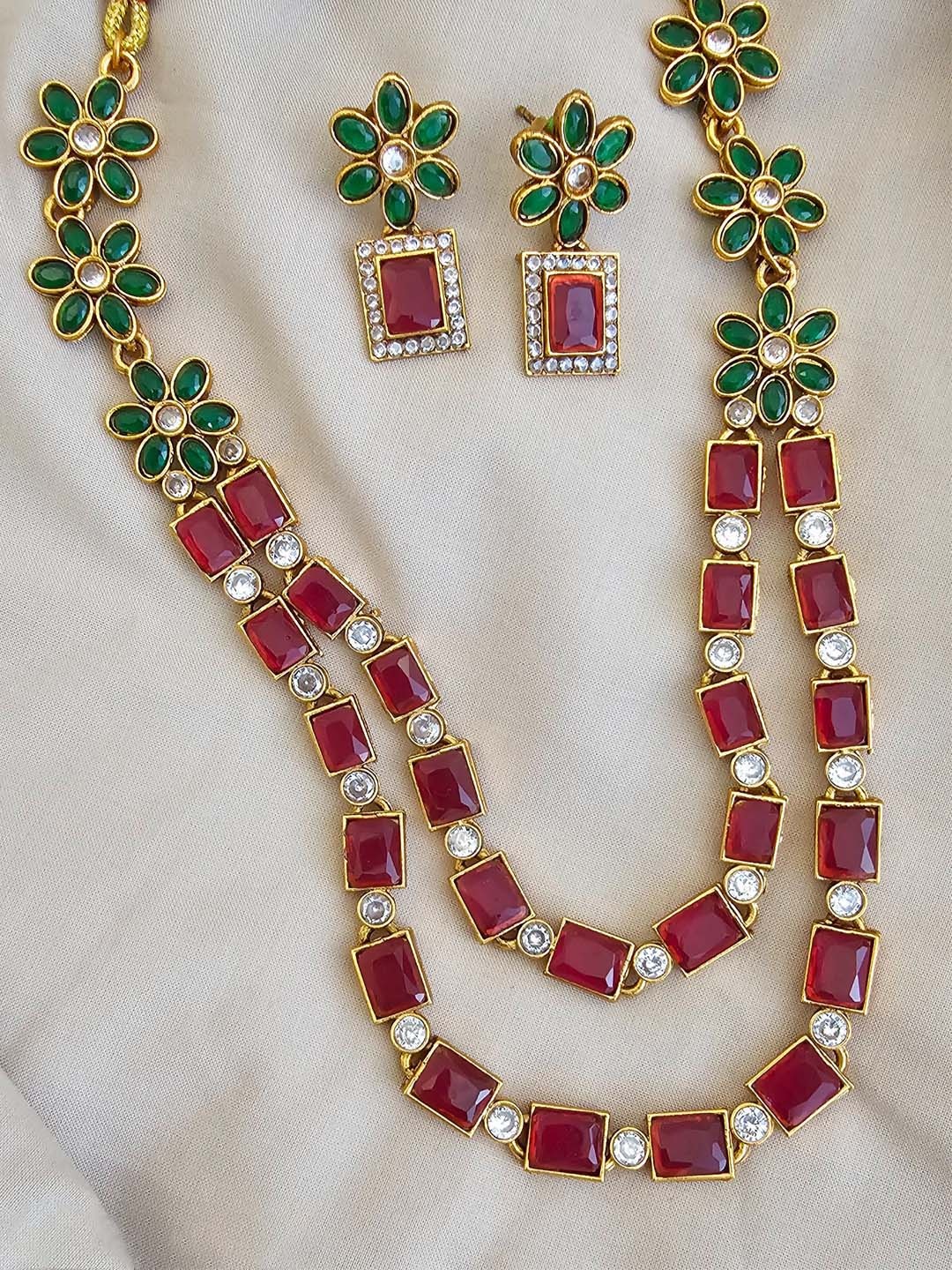 

Binnis Wardrobe Silver-Plated Red & Green Stone-Studded Jewellery Set