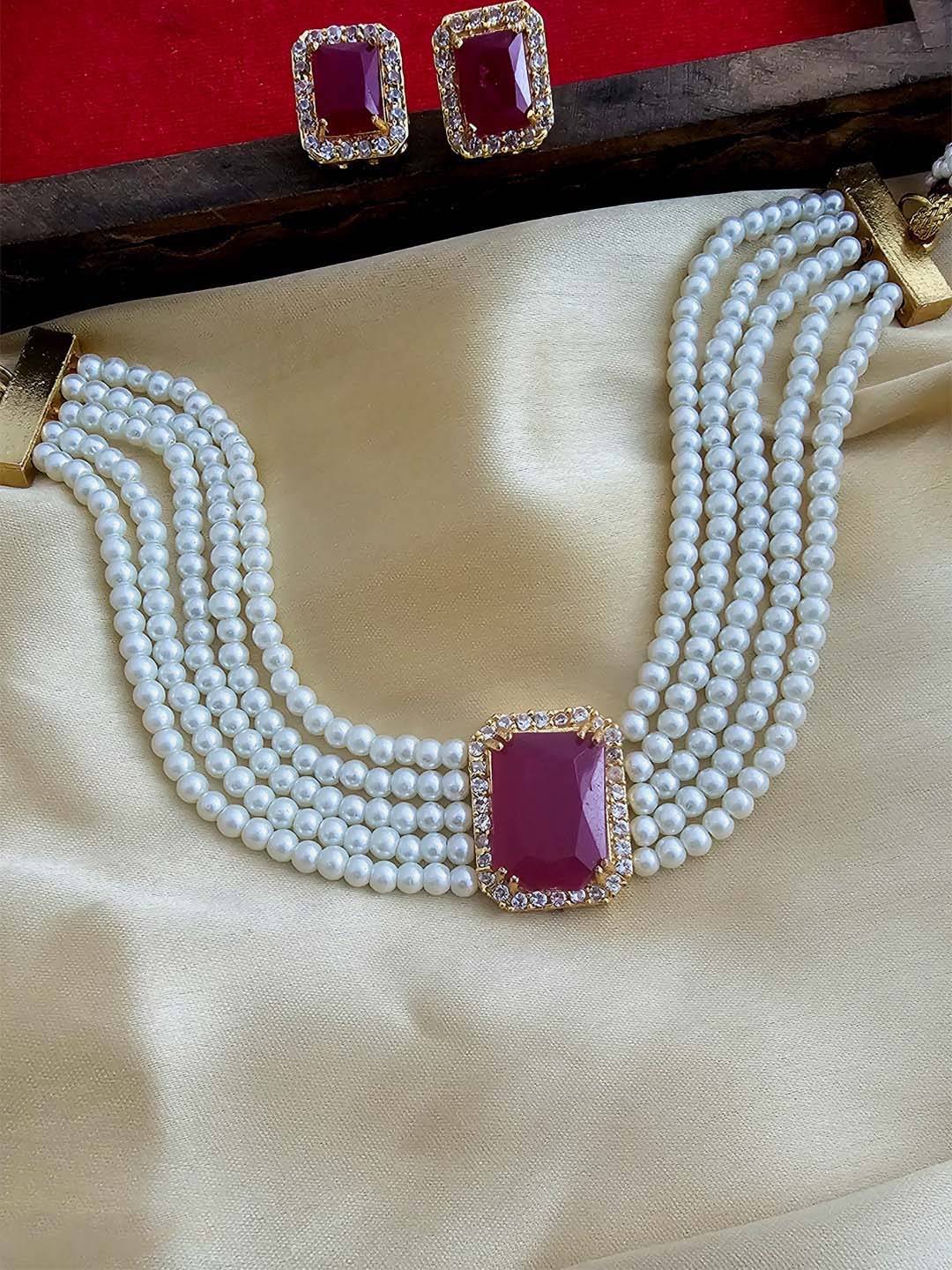 

Binnis Wardrobe Gold-Plated Pink & White Beaded & Stone Studded Jewellery Set