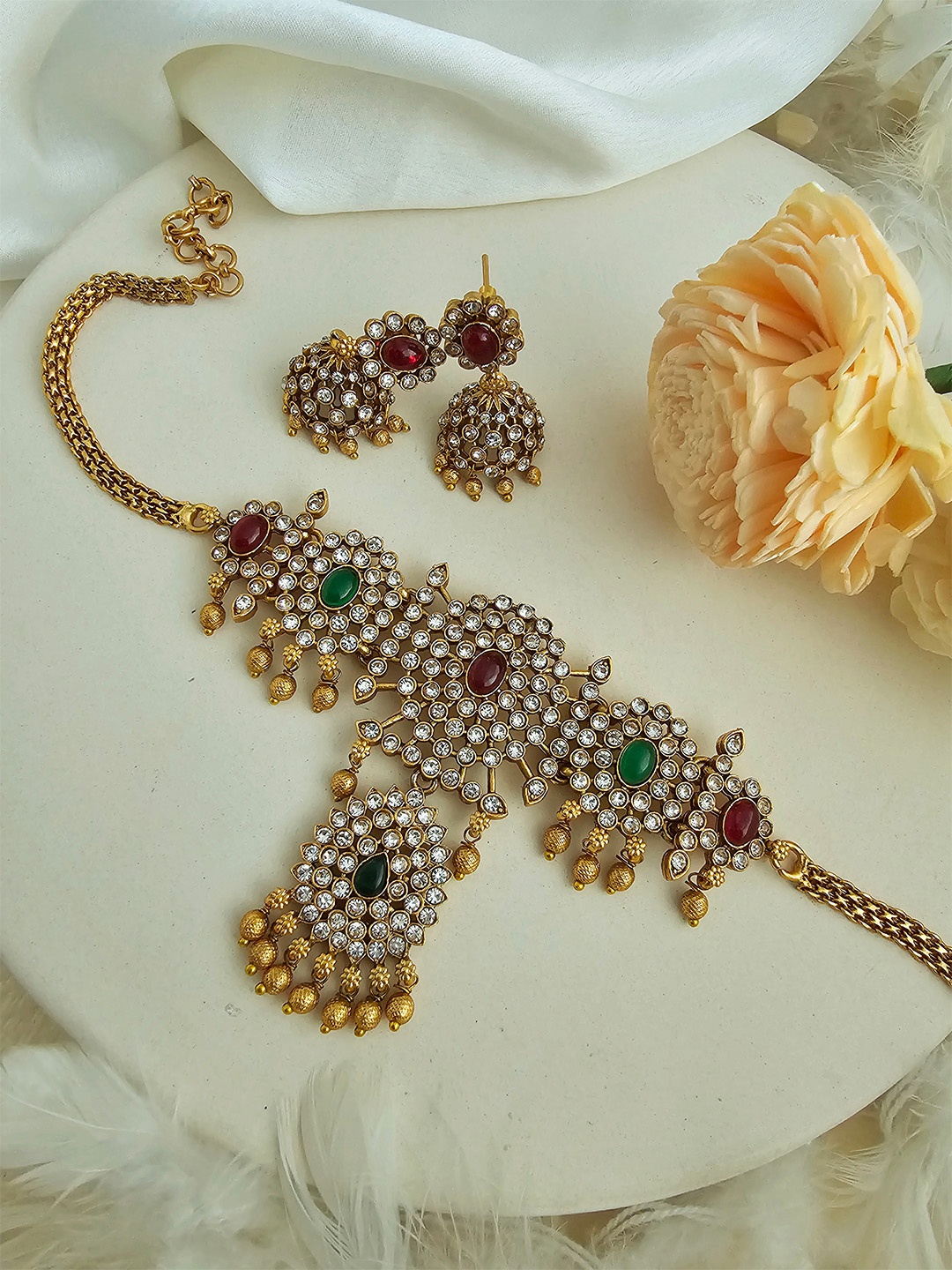 

Binnis Wardrobe Women Gold-Plated Red & Green Stone Studded Jewellery Set
