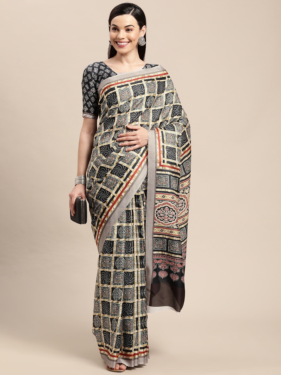 

VAIRAGEE Grey & Beige Ethnic Motifs Silk Blend Saree