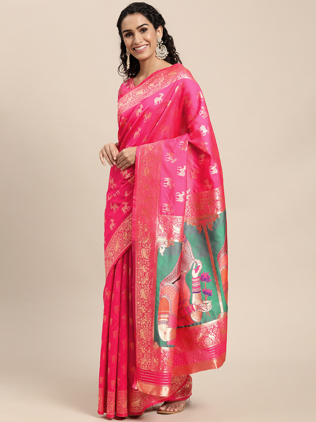 

VAIRAGEE Pink & Golden Ethnic Motifs Pure Silk Saree