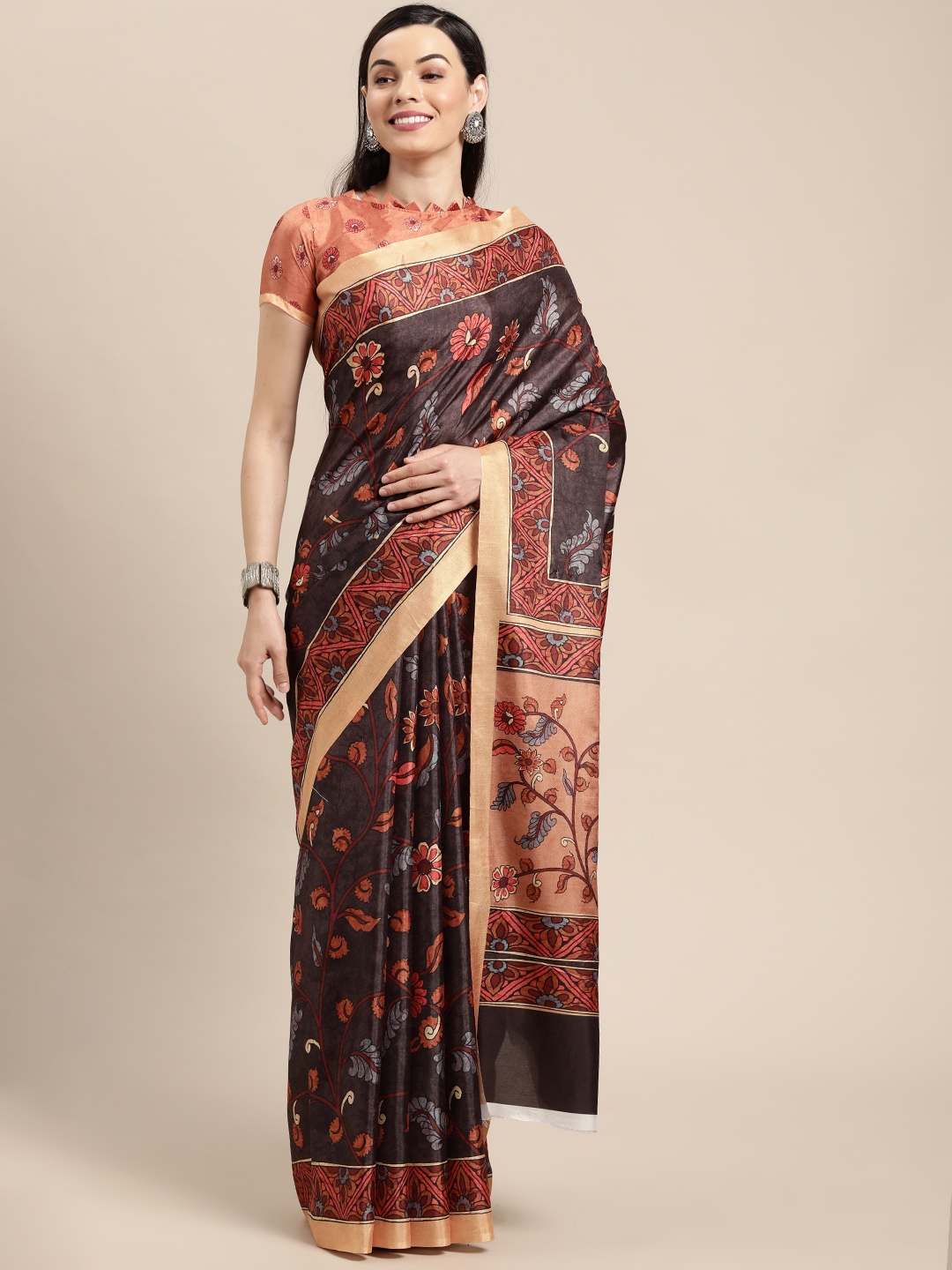 

VAIRAGEE Charcoal Grey & Peach-Coloured Ethnic Motifs Silk Blend Saree
