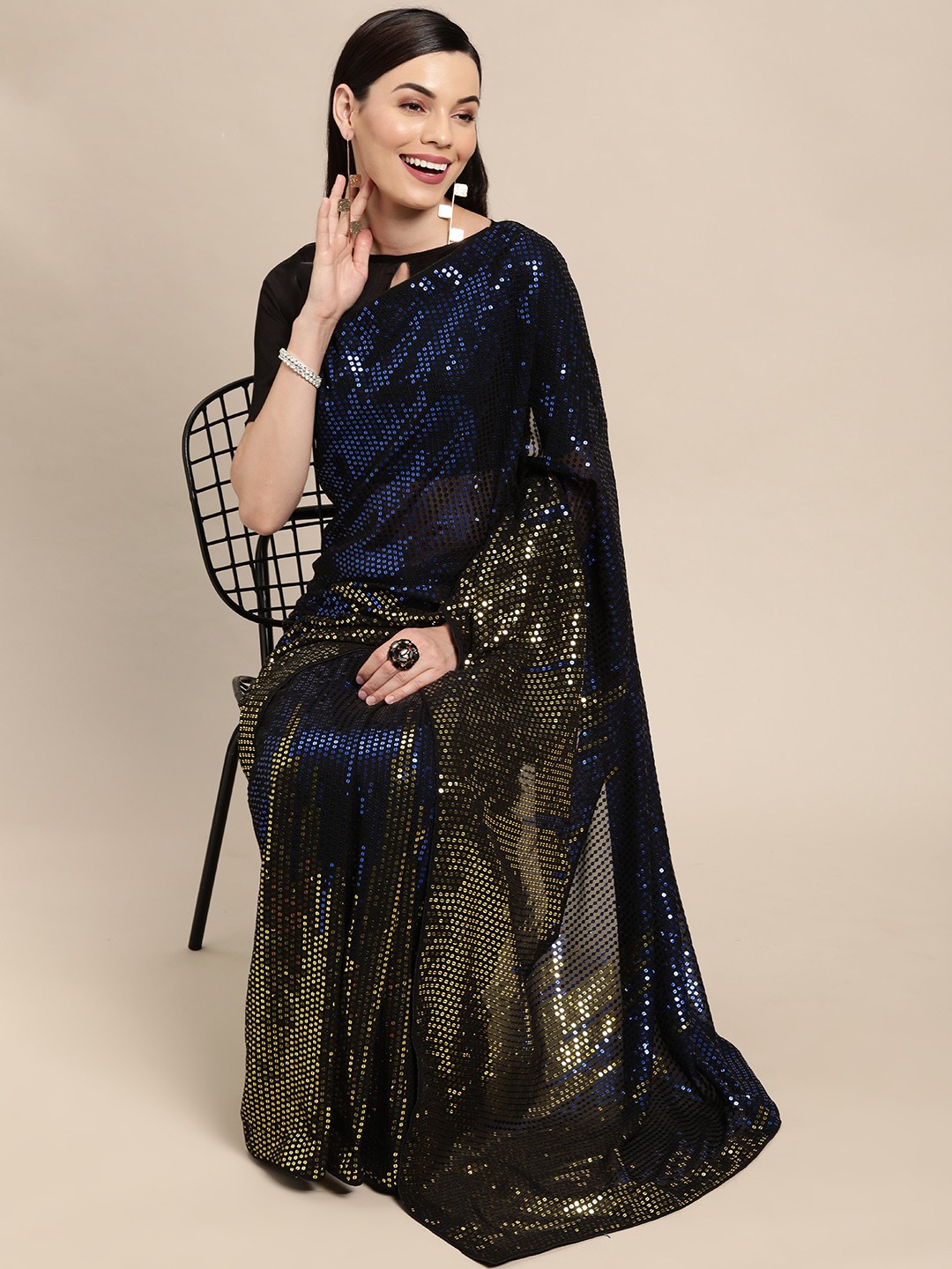 

VAIRAGEE Navy Blue & Gold Embellished Sequinned Pure Georgette Saree