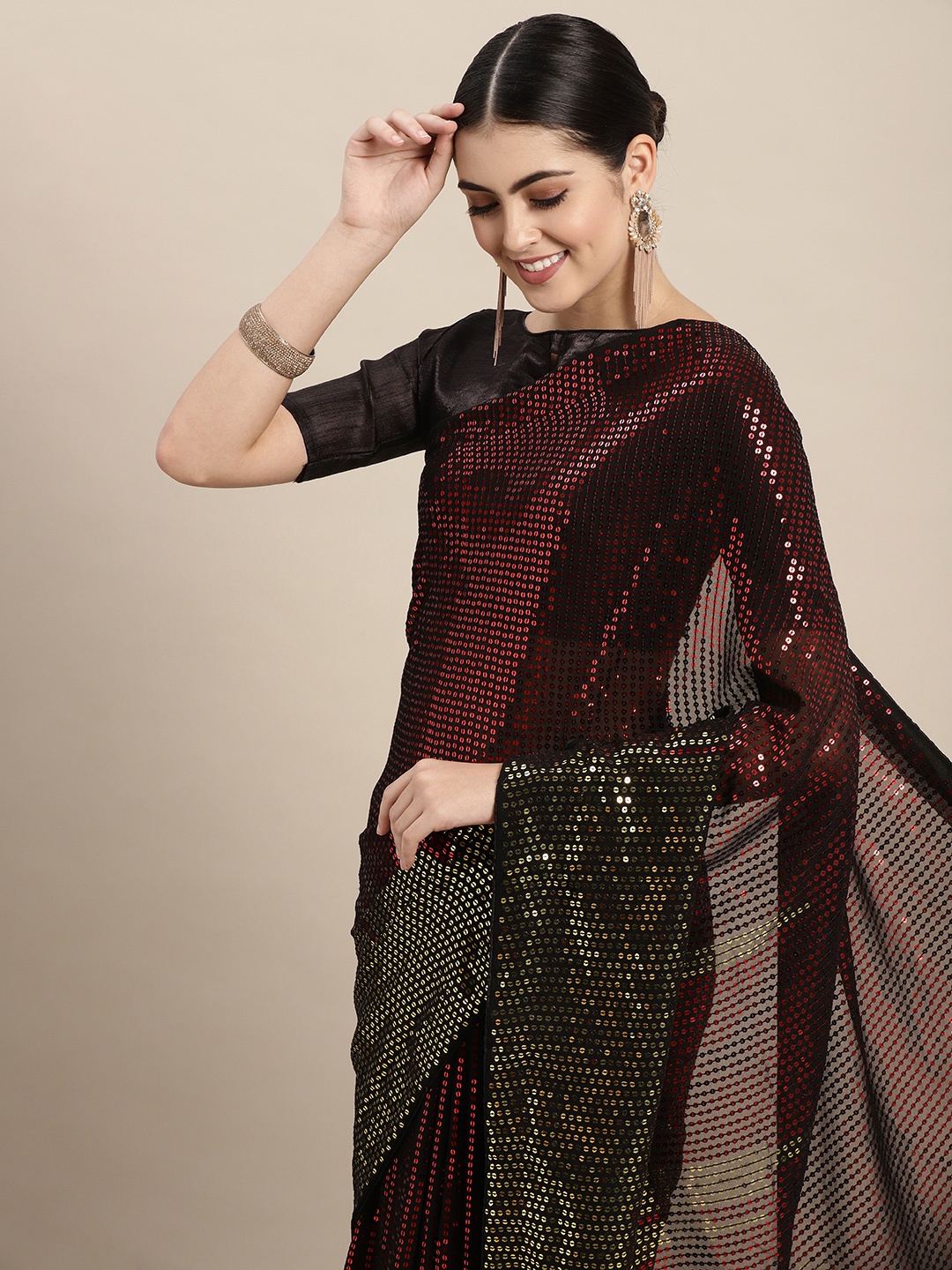 

VAIRAGEE Maroon & Black Sequinned Georgette Saree