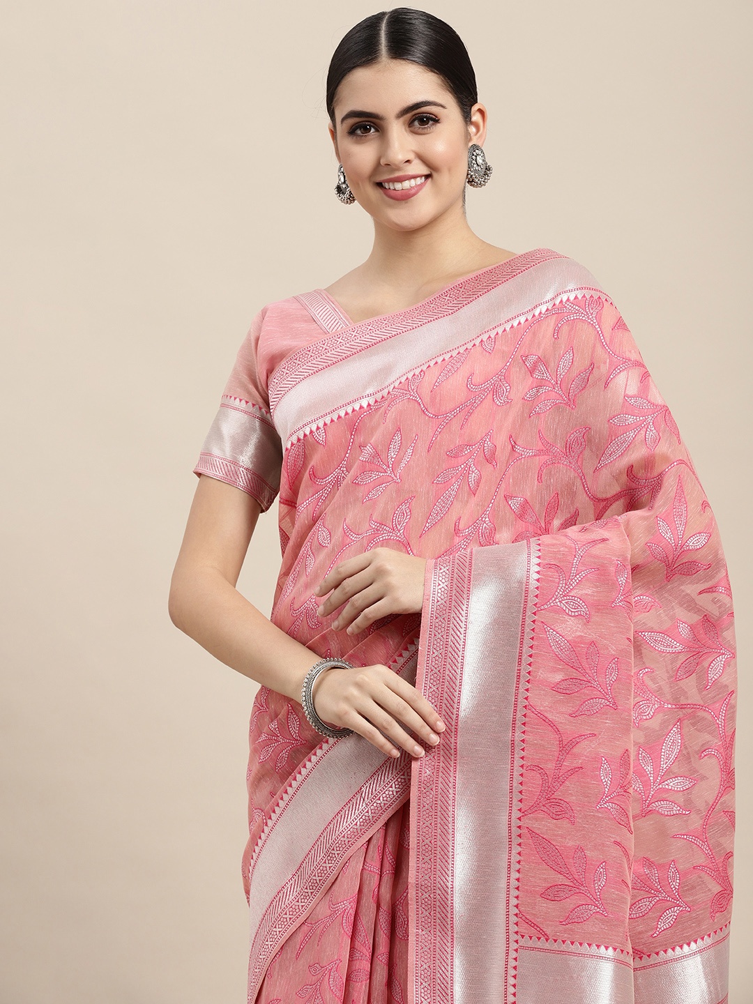 

VAIRAGEE Pink & Silver Ethnic Motifs Pure Silk Saree