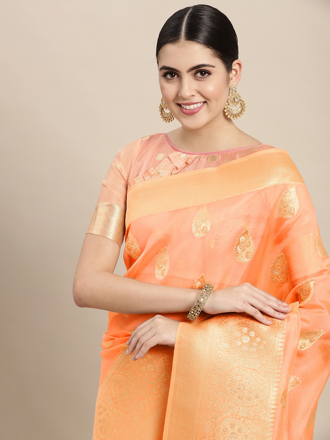 

VAIRAGEE Peach-Coloured & Golden Ethnic Motifs Organza Saree