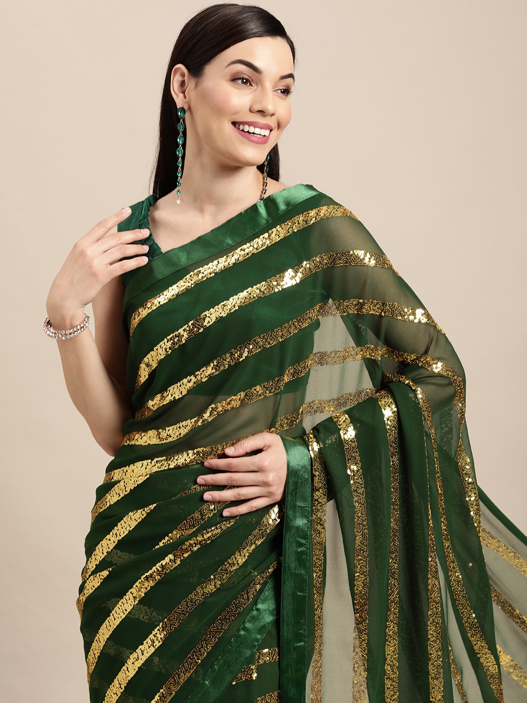 

VAIRAGEE Green & Gold-Toned Striped Sequinned Pure Georgette Saree