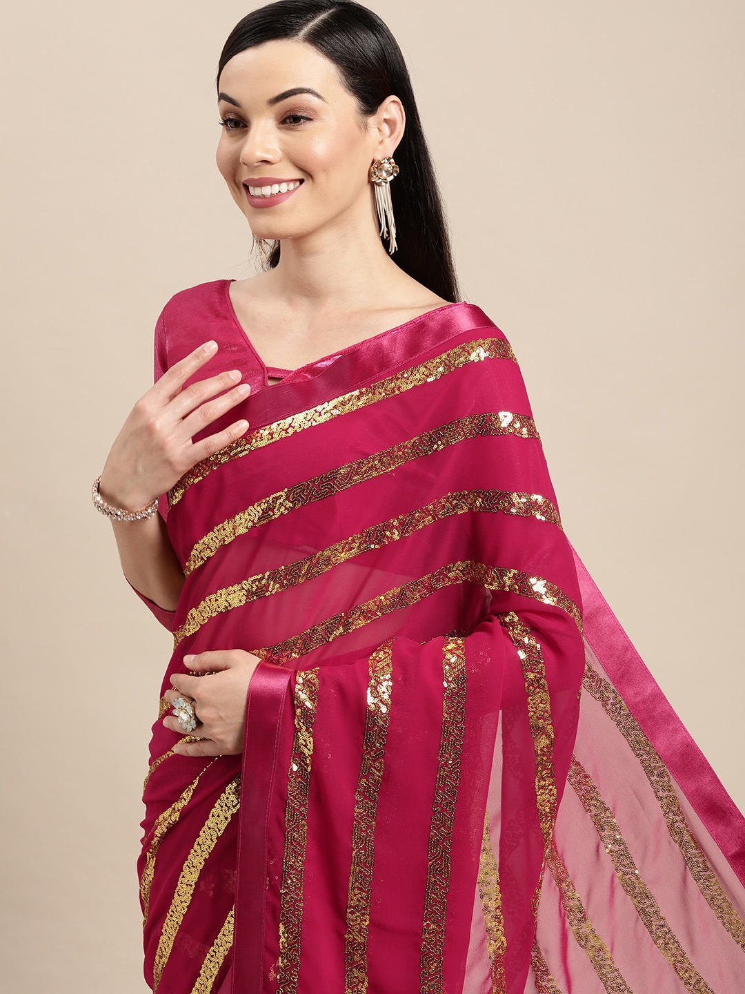 

VAIRAGEE Pink & Gold-Toned Striped Sequinned Pure Georgette Saree