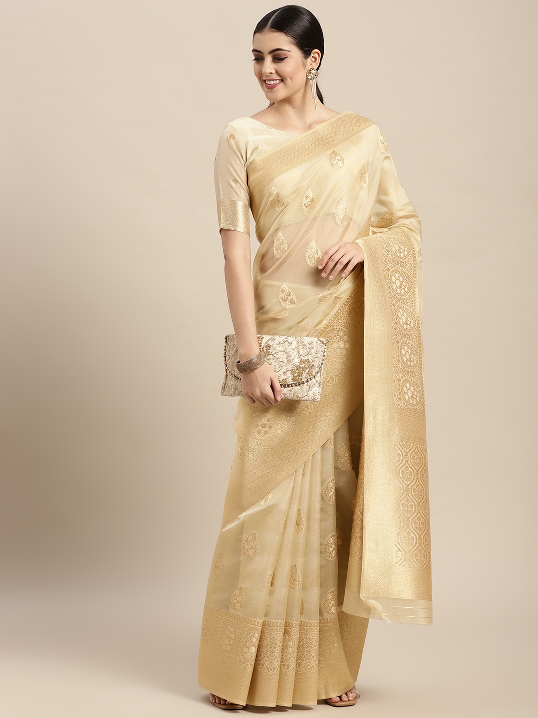 

VAIRAGEE Cream-Coloured & Golden Ethnic Motifs Organza Saree