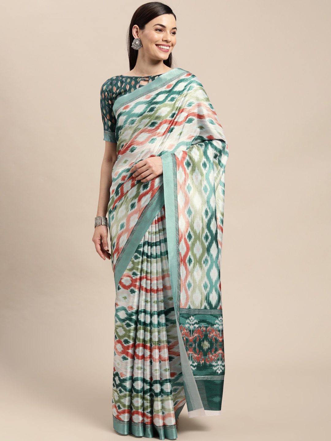 

VAIRAGEE White & Green Silk Blend Saree