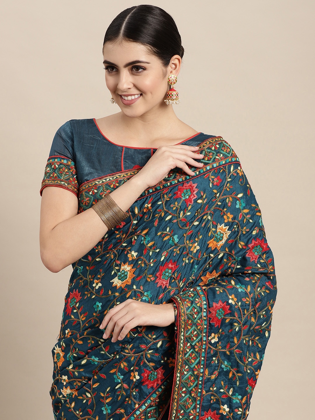 

VAIRAGEE Teal Blue Floral Embroidered Silk Blend Saree