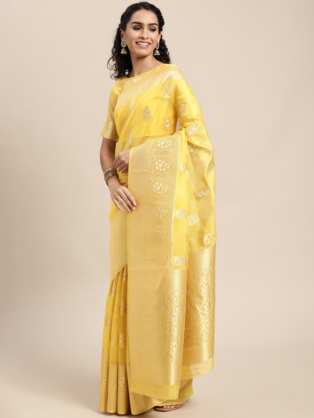 

VAIRAGEE Yellow Ethnic Motifs Organza Saree