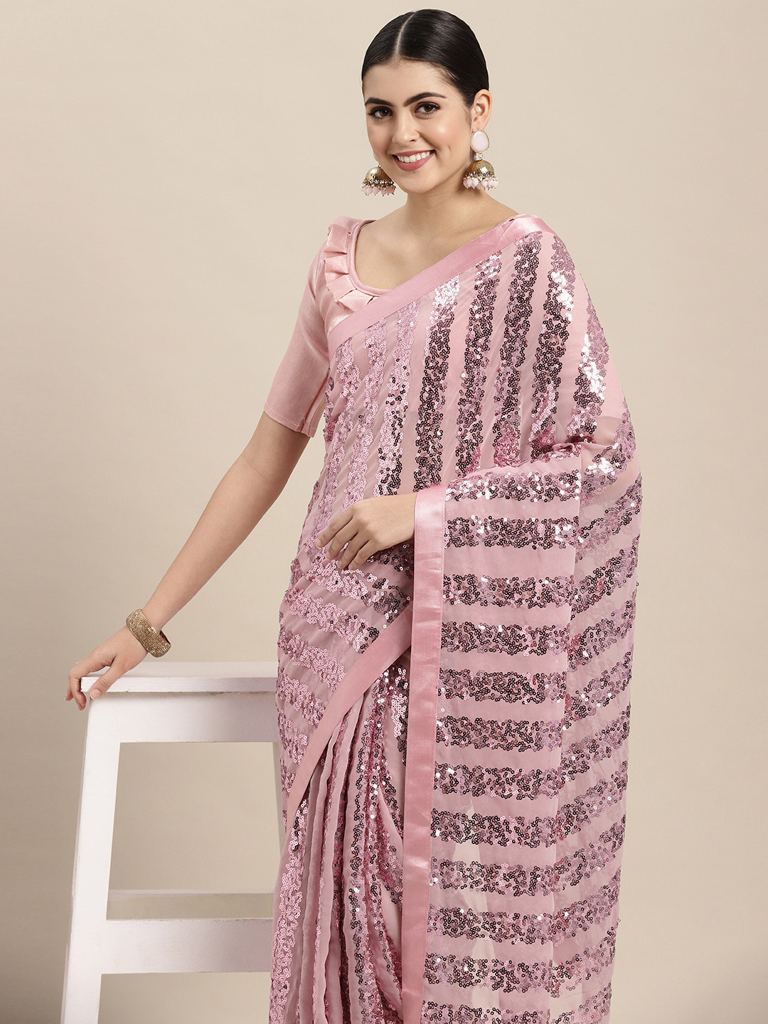 

VAIRAGEE Pink Embellished Sequinned Pure Georgette Saree