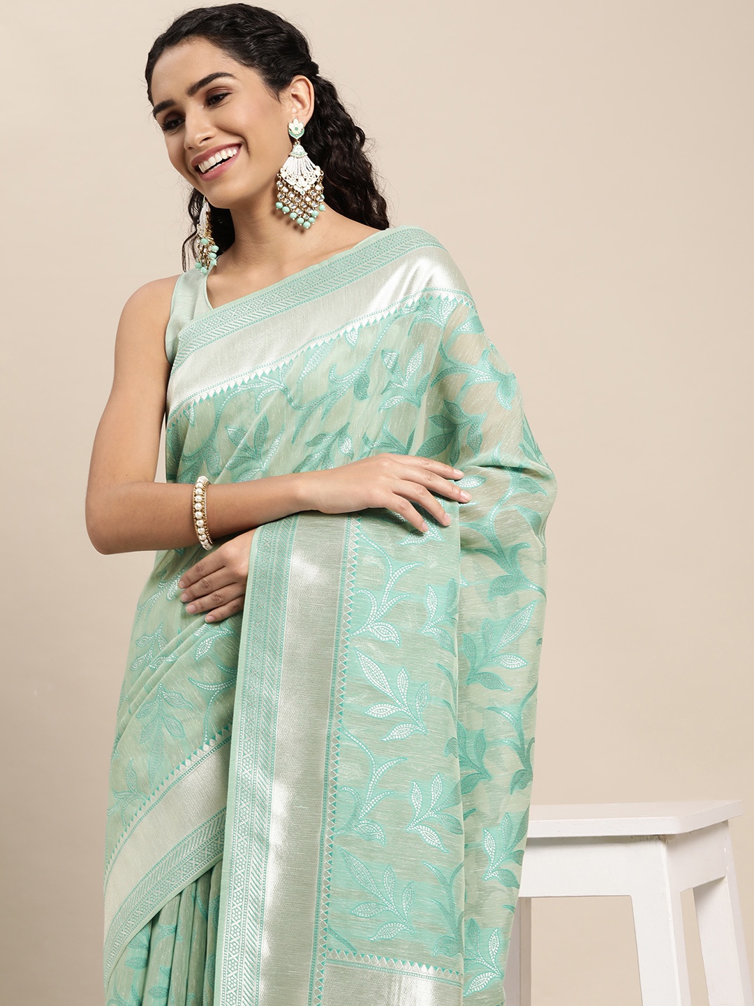 

VAIRAGEE Blue & Silver Ethnic Motifs Cotton Silk Saree