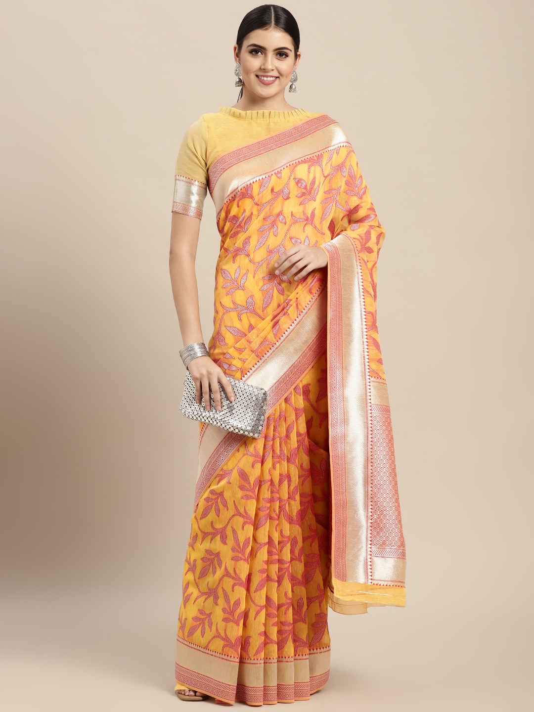

VAIRAGEE Yellow & Orange Floral Cotton Silk Saree