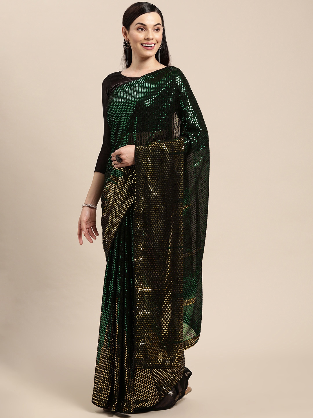 

VAIRAGEE Green & Gold Embellished Sequinned Pure Georgette Heavy Work Saree