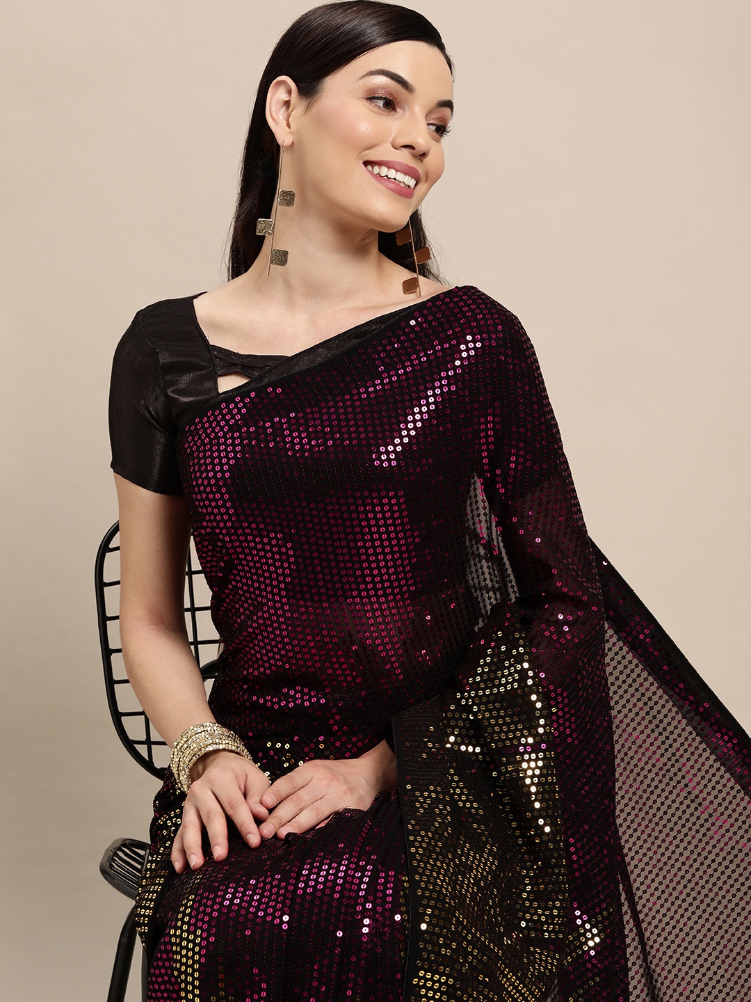 

VAIRAGEE Magenta & Gold Embellished Sequinned Heavy Work Saree