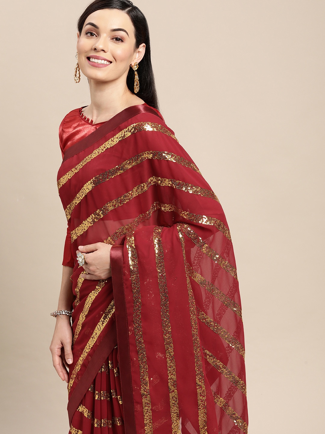 

VAIRAGEE Red & Gold-Toned Striped Sequinned Pure Georgette Saree