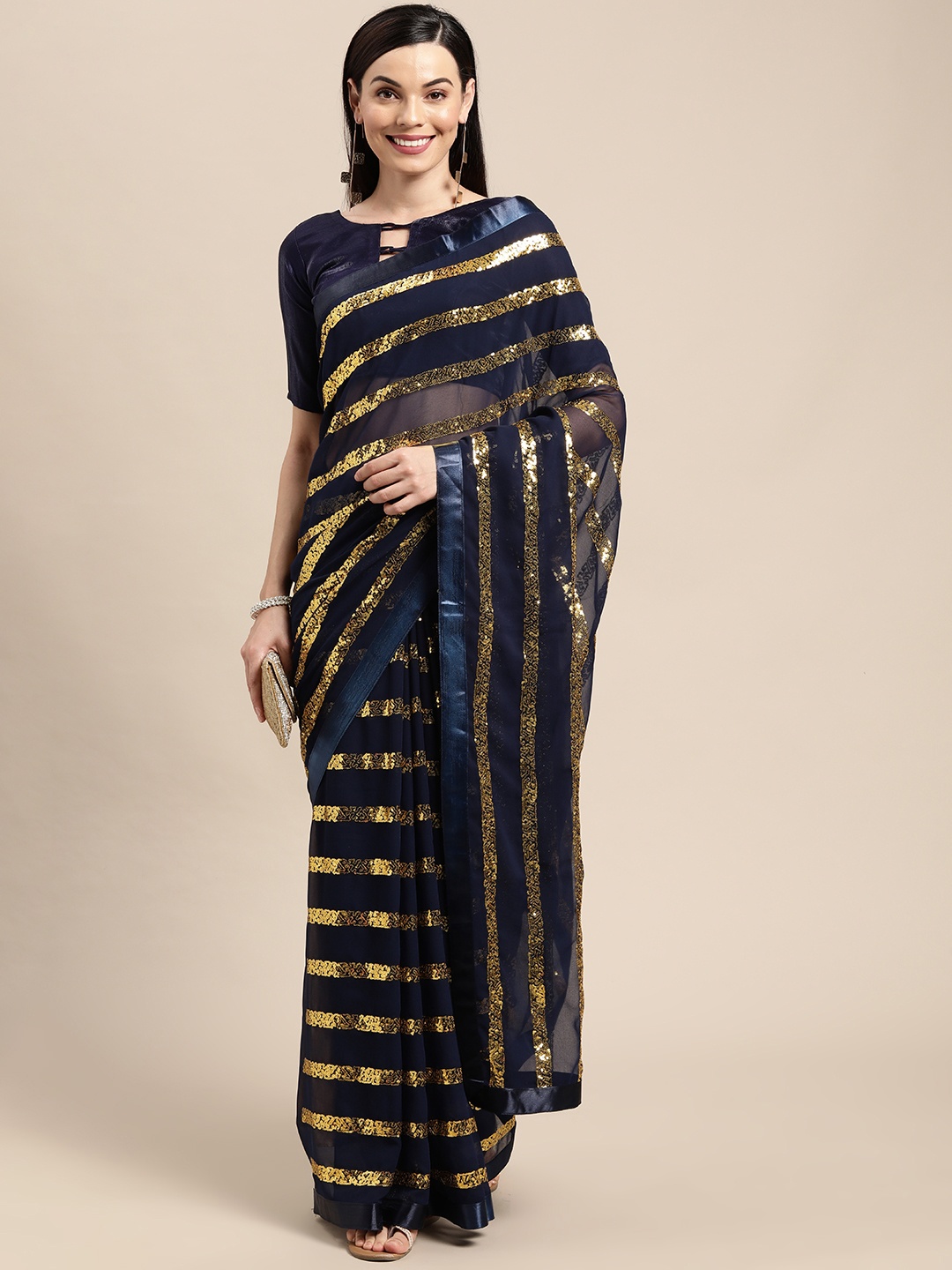 

VAIRAGEE Navy Blue & Gold-Toned Striped Sequinned Pure Georgette Saree