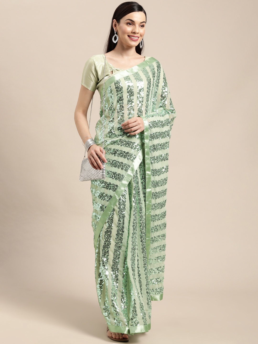 

VAIRAGEE Sage Green Striped Sequinned Pure Georgette Heavy Work Saree