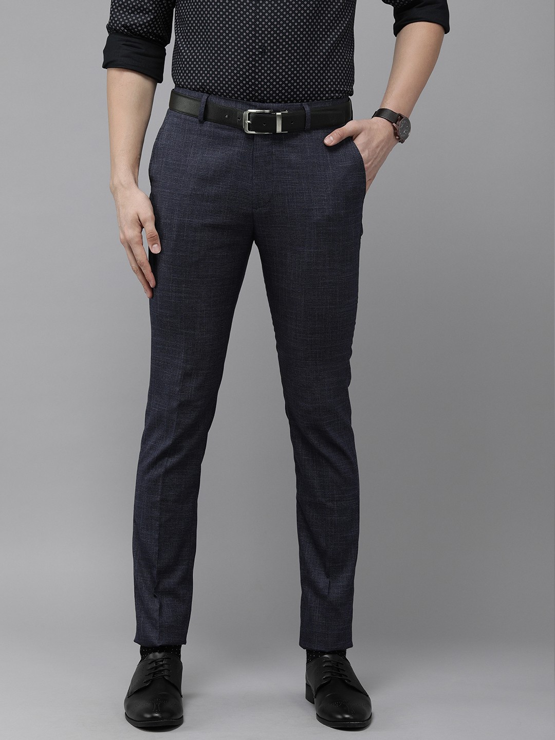 

Arrow New York Men Navy Blue Checked Super Slim Fit Formal Trousers