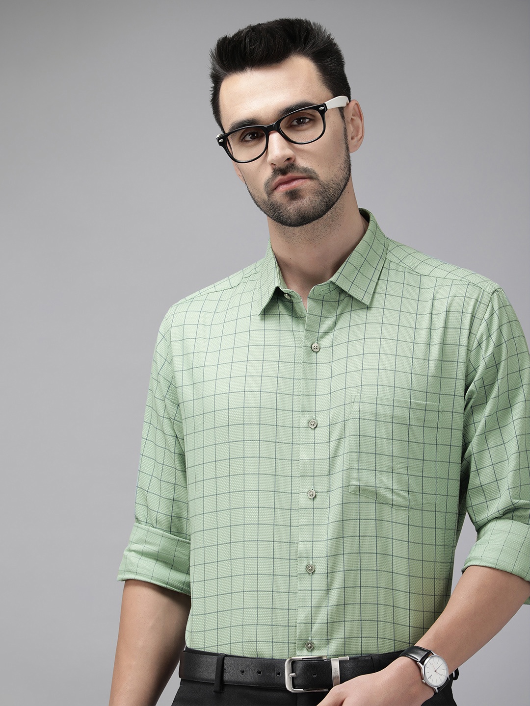 

Arrow Men Sea Green Original Windowpane Checks Slim Fit Pure Cotton Formal Shirt