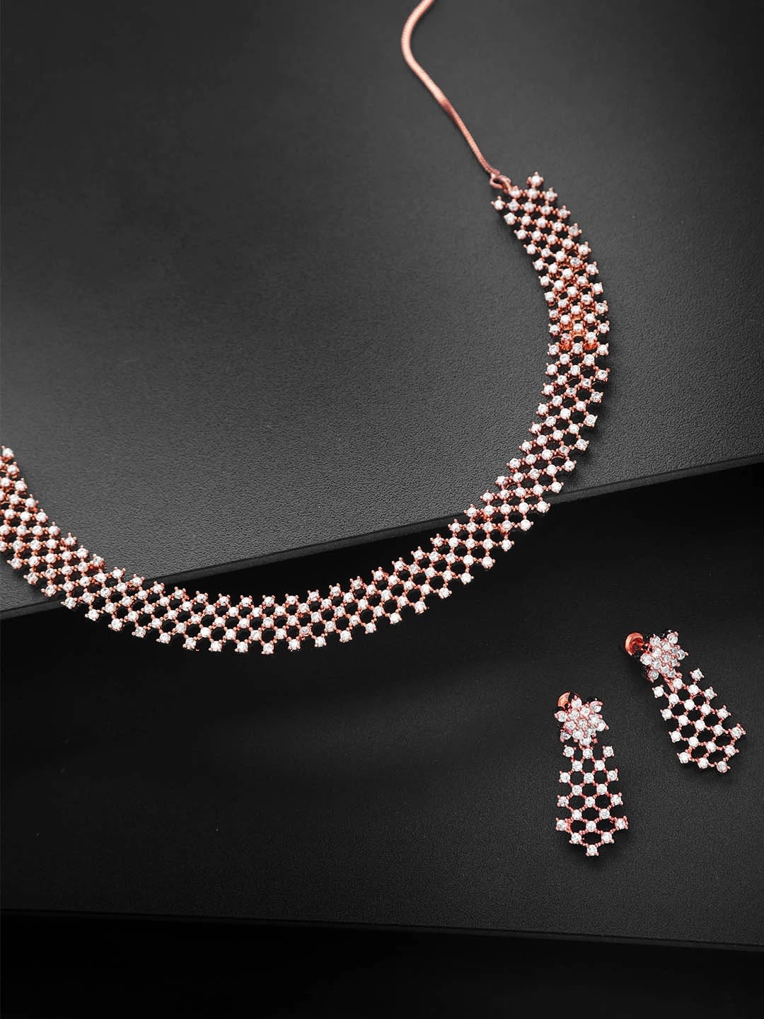 

Priyaasi Rose Gold-Plated Pink & White American Diamond Studded Jewellery Set