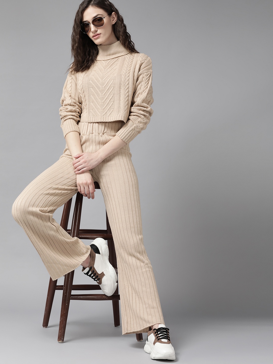 

The Roadster Lifestyle Co. Women Beige Acrylic Self-Design Sweater & Trousers Set