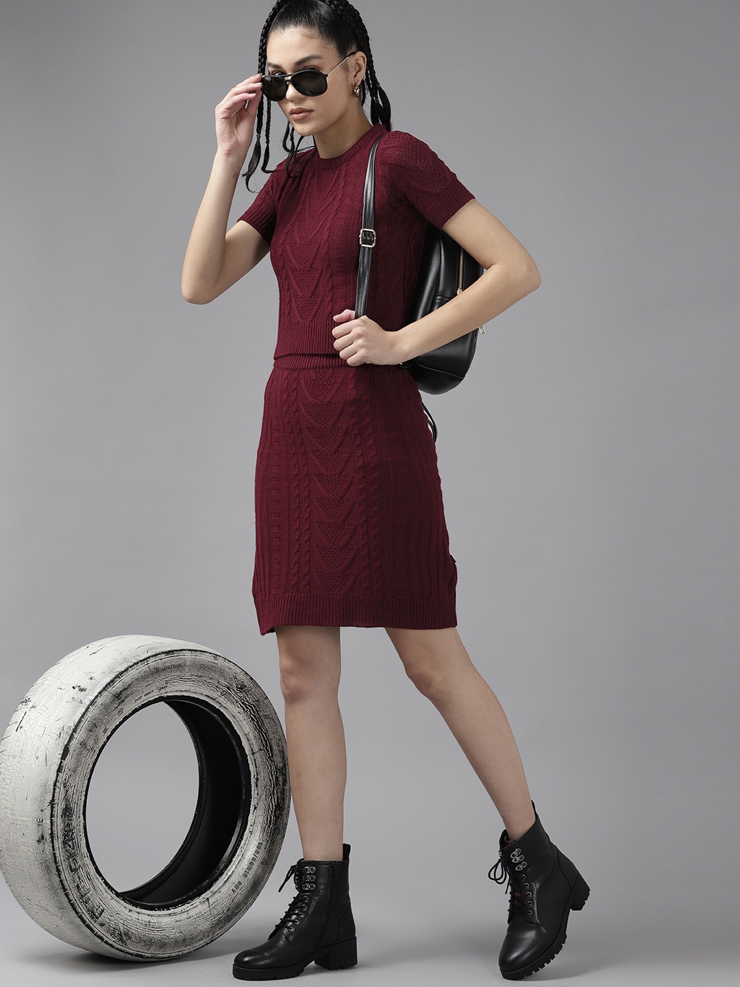 

The Roadster Lifestyle Co. Women Cable Knit Co-Ords, Maroon