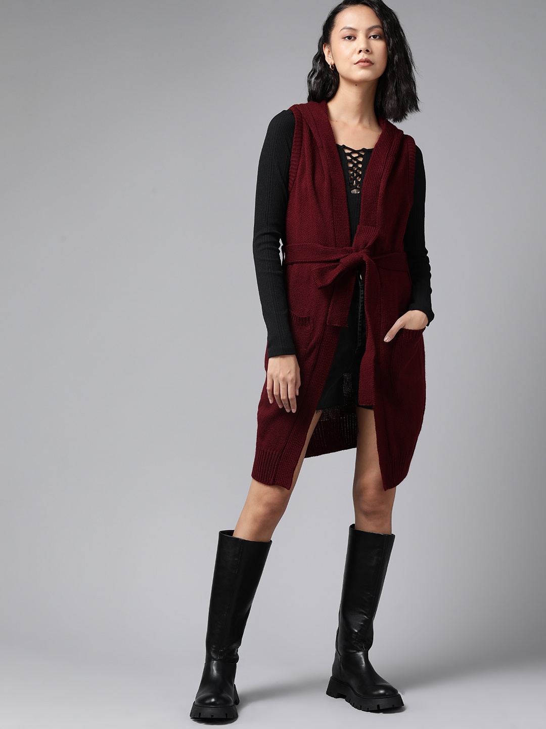 

Roadster Women Maroon Solid Longline Front-Open Sweater With Belt