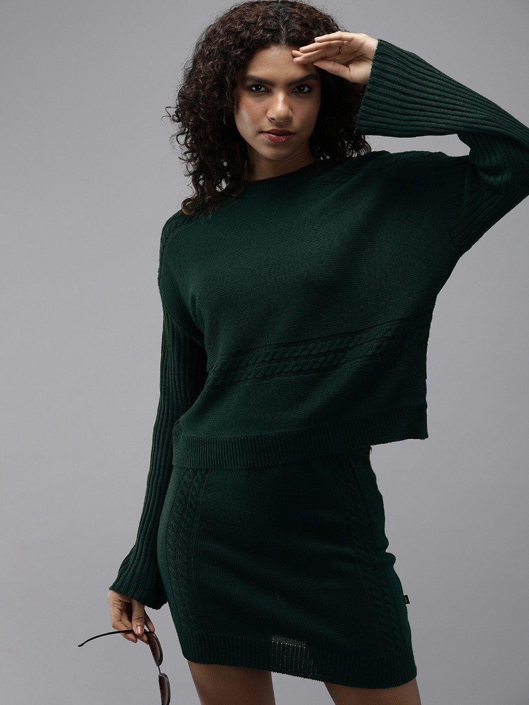 

The Roadster Lifestyle Co. Women Self Design Cable Knit Sweater With Skirt, Green