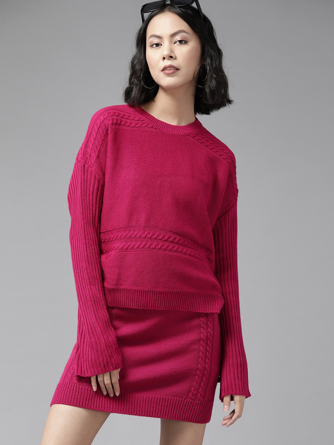 

The Roadster Lifestyle Co. Women Magenta Cable Knit Co-Ords