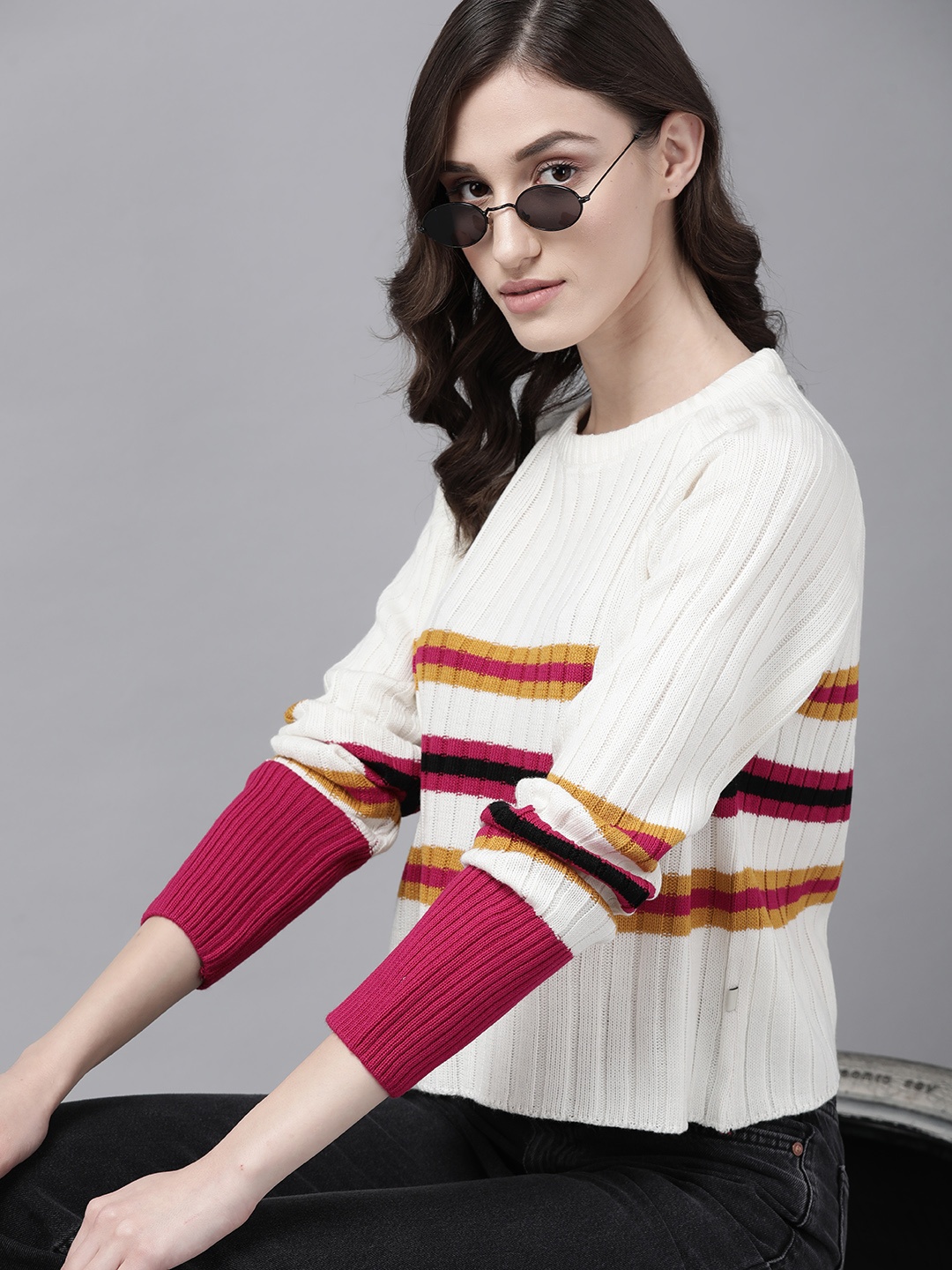 

Roadster Women White & Pink Striped Striped Acrylic Sweater