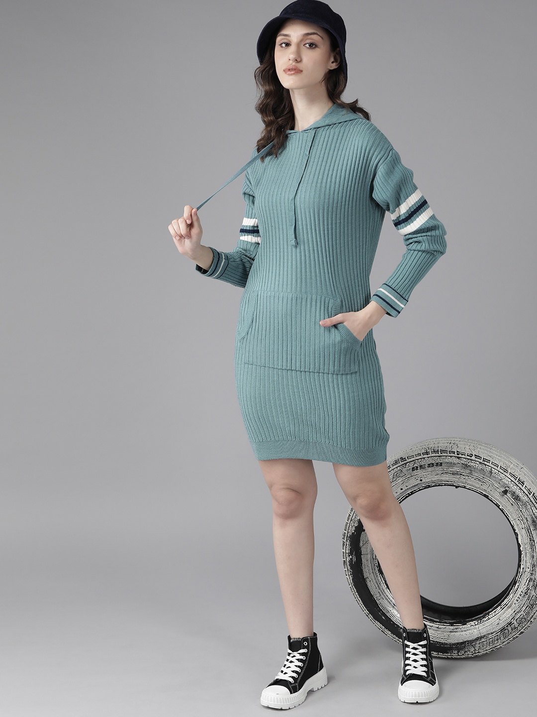 

The Roadster Lifestyle Co. Women Blue Self-Striped Jumper Dress