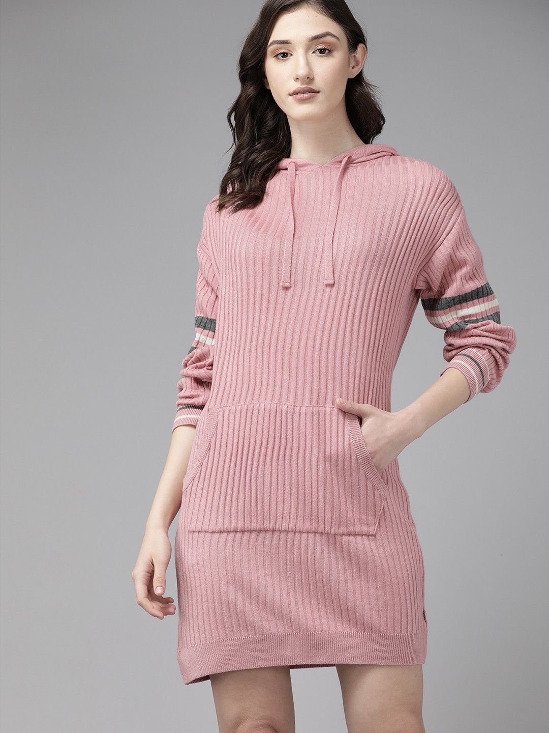 

The Roadster Lifestyle Co. Pink Self-Striped Hooded Acrylic Jumper Dress