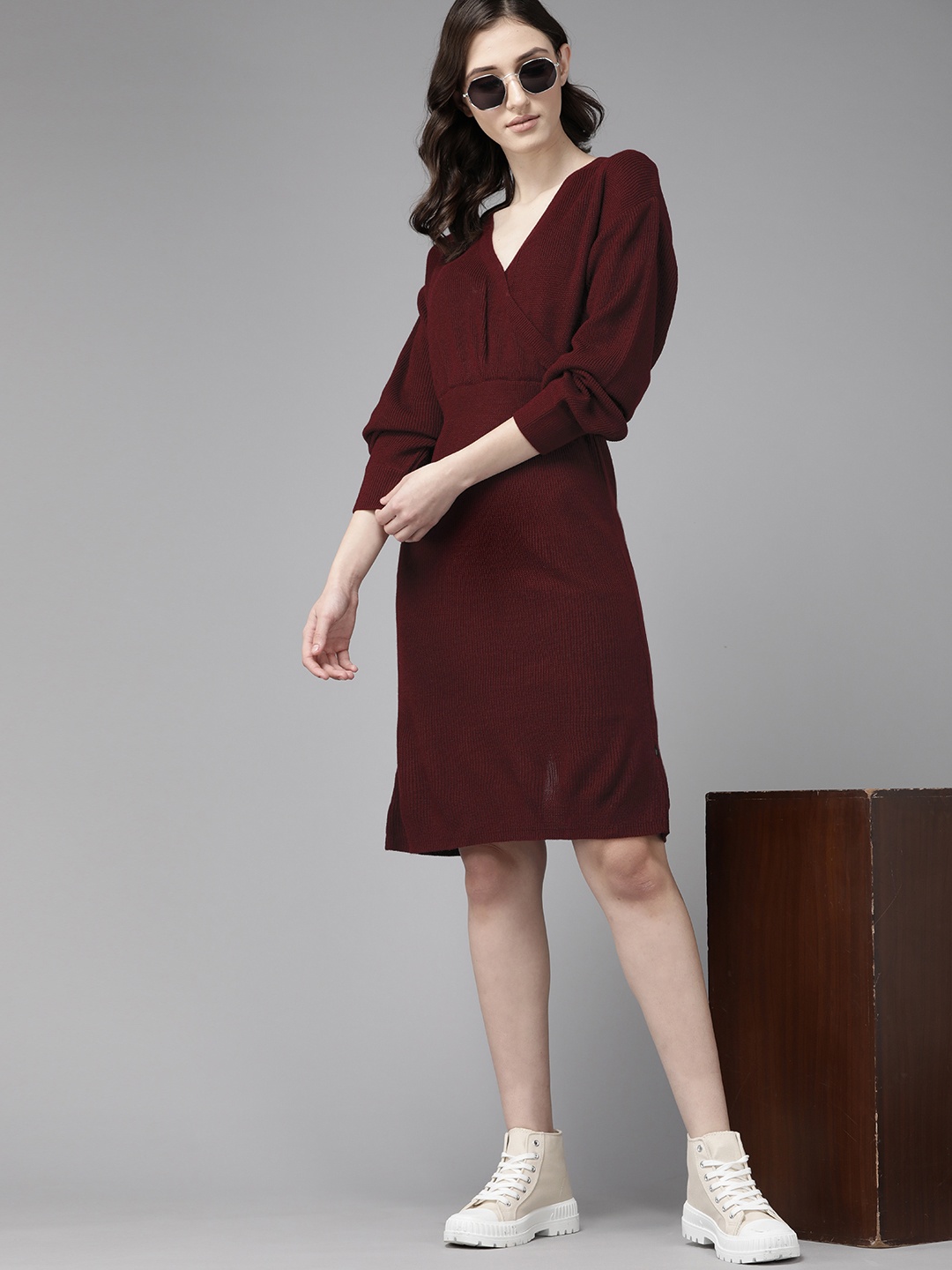 

The Roadster Lifestyle Co. Maroon Solid Wrap Acrylic Jumper Dress